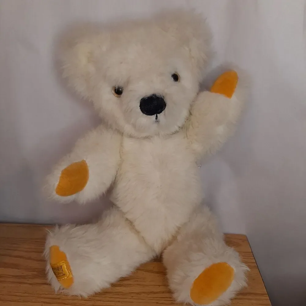 Merrythought Ironbridge Shrops Mohair Teddy Bear England Cream w/ orange yellow